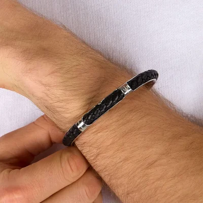 MASERATI LEATHER BANGLE SS BLACK 6.5X5.5CM JM226AVE38