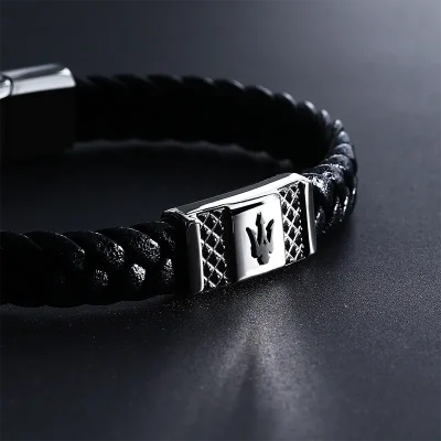 MASERATI RECYCLED LEATHER SS BRACELET BK 21.7CM